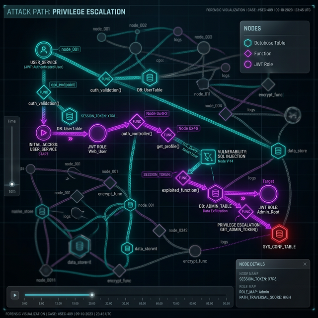 Institutional Attack Graph: Visualizing multi-hop lateral movement via PostgreSQL nested functions and RLS bypass vectors.